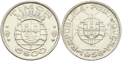 Португальский Тимор 6 эскудо 1958 год тип KM 15 серебро aUNC 4364-1653