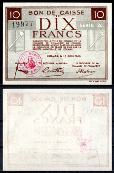 Франция, Кольмар 10 франков 1940 бумага UNC (пресс) 451-901-3