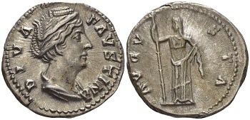 Римская Империя денарий 141 - 161 Фаустина Старшая, жена Антонина Пия DIVA FAUSTINA / AVGVSTA Рим Extremely fine (Монета отчеканена в честь обожествленной императрицы), 3,50 гр RIC 362 серебро 1073-5-7-5