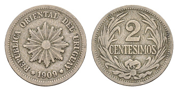 Уругвай 2 сентесимо 1909 KM 20 медно-никель 4649-752
