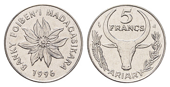 Мадагаскар 5 франков 1996 год-тип KM 21 нержавеющая сталь UNC 4669-512