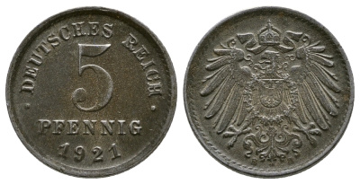 Германия 5 пфеннигов 1921 E KM 19, J. 297, Weege 5 железо 4380-154