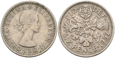Великобритания 6 пенсов 1957 Елизавета II (1952-2022) KM 903, Spink 4149 медно-никель 4154-237