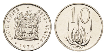 ЮАР 10 центов 1974 герб, цветок алоэ KM 85 никель PROOF 4685-814