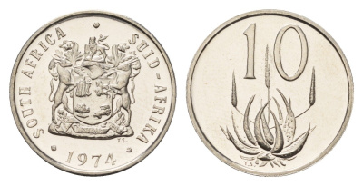 ЮАР 10 центов 1974 герб, цветок алоэ KM 85 никель PROOF 4685-814