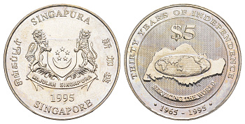 Сингапур 5 долларов 1995 30 лет Независимости KM 150 медно-никель BU 3896-1121