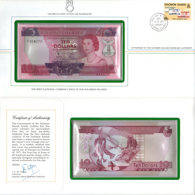 Соломоновы Острова набор "первый день выпуска" 1977 в комплект входит полный выпуск выходящих монет и банкнот в даном году - 7 монет (1, 2, 5, 10 и 20 центов; 1 и 5 долларов) и 3 банкноты (2, 5 и 10 долларов). 8-2-04-39