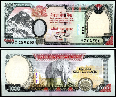 Непал 1000 рупий 2016 Гора Эверест, ступа Сваямбунатх и храм Харати, слоны Pick 75 b бумага UNC (пресс) 7548-45-3-2