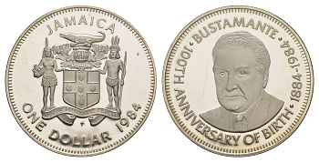 Ямайка 1 доллар 1984 100 лет со дня рождения Александра Бустаманте, тираж 268 экземпляров KM 113 медно-никель PROOF 1521-434