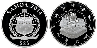 Самоа 25 тала 2014 FIFA, Чемпионат мира по футболу в Бразилии 2014, талисман на поле, 155гр., в оригинальной коробке, с сертификатом KM NEW серебро PROOF 00-000-00
