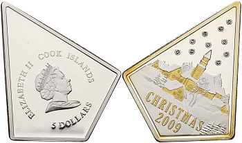 Острова Кука 5 долларов 2009 Рождество, Christmas, стразы, позолота серебро PROOF 1065-2-23