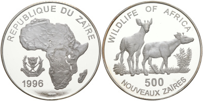 Заир 500 новых заиров 1996 серия защита окружающей среды, окапи, тираж 10000 экз. KM 22 серебро PROOF 1074-5-62