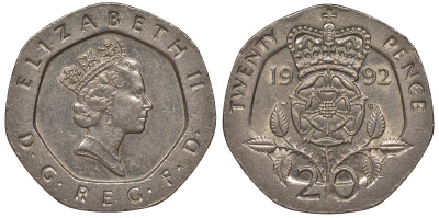 Великобритания 20 пенсов 1992 Елизавета II (1952-2022) KM 939, Spink 4361 (G2) медно-никель 4122-1123