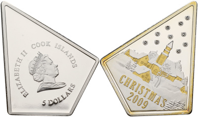 Острова Кука 5 долларов 2009 Рождество, Christmas, стразы, позолота серебро PROOF 1065-2-23