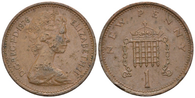 Великобритания 1 пенни 1976 Елизавета II (1952-2022) KM 915, Spink 4237 (B1) бронза 4609-469