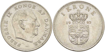 Дания 1 крона 1963 C;S, Фредерик IX (1947-1972) KM 851 медно-никель 95-137