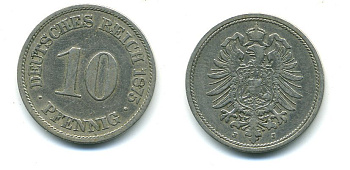ГЕРМАНИЯ 10 ПФЕННИГОВ 1875 J, СТАРОГЕРБОВКА KM 4, J.4 медно-никель 54-448