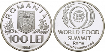 Румыния 100 леев 1996 FAO, мировой саммит продовольствия в Риме ​KM 133 серебро PROOF 1077-6-32