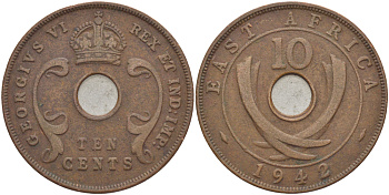 Британская Восточная Африка 10 центов 1942 Георг VI (1936-1952) KM 26.2 бронза 3333-1146