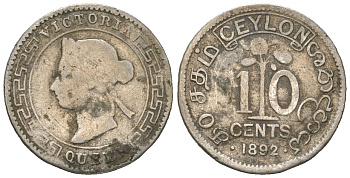 Цейлон 10 центов 1892 KM 94 серебро 4615-947