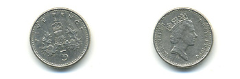 Великобритания 5 пенсов 1990 Елизавета II (1952-2022) KM 937b, Spink 4372 (D4) медно-никель 59-632