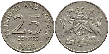 Тринидад и Тобаго 25 центов 1966 герб KM 4 медно-никель 4396-641