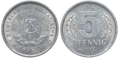 ГДР 5 ПФЕННИГОВ 1983 A КМ 9.2 алюминий 62-523