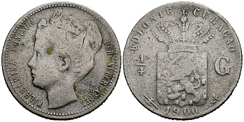 Нидерландское Кюрасао 1/4 гульдена 1900 Вильгельмина (1890-1948) KM 35 серебро 4379-869