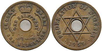 Нигерия 1/2 пенни 1959 Елизавета II (1952-), Британский протекторат KM 1 бронза 4387-152
