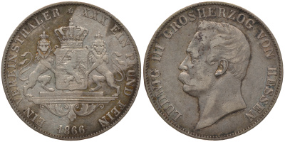 Гессен-Дармштадт 1 талер 1866 Людвиг III (1848-1877) AKS 120, Dav. 707, Kahnt 266, Thun 200, KM 338 серебро 00-807-38