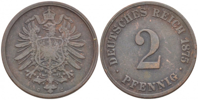 ГЕРМАНИЯ 2 ПФЕННИГА 1875 C, СТАРОГЕРБОВКА KM 2, J.2 медь 4532-534