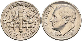 США 10 центов = дайм 1981 P, Рузвельт КМ 195а медь плакированная медно-никелем 4567-618