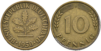ФРГ 10 пфеннигов 1950 J KM 108, J.383 сталь плакированная латунью 4681-1117