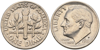 США 10 центов = дайм 1981 P, Рузвельт КМ 195а медь плакированная медно-никелем 4567-618