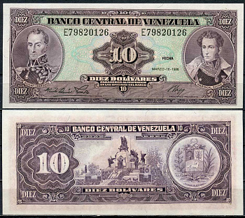Венесуэла 10 боливаров 1986 Симон Боливар и Антонио Хосе Сукре, монумент битве при Карабобо Pick 61 a  бумага  UNC (пресс) 447-70-2-1
