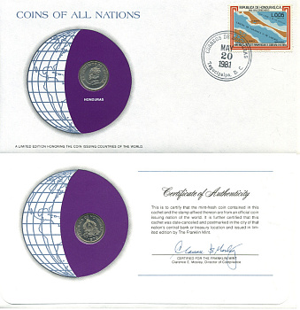 Гондурас 20 сентаво 1973 конверт с маркой первого дня гашения, Coins of Nations KM 81 медно-никель UNC 4294-62-1