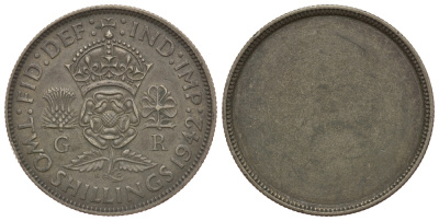 Великобритания 2 шиллинга (флорин) 1942 пробная / проба, односторонний чекан, Георг VI (1936-1952) серебро 00-812-01