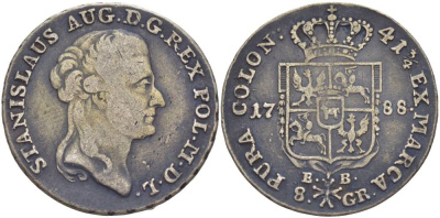 Польша 8 грошей (2 злотых) 1788 ЕВ, Станислав II Август Понятовский (1764-1794), вес 9,2 г KM 209.1 (C54), Kopinski 412.2 серебро 00-812-37