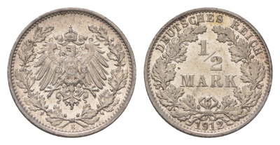 Германия 1/2 марки 1912 E, Вильгельм II (1888-1918) KM 17, J. 16 серебро aUNC 3896-743