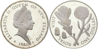 Новая Зеландия 1 доллар 1981 Королевский визит, английский дуб, Елизавета II (1952-2022) KM 50a серебро PROOF 1080-4-23