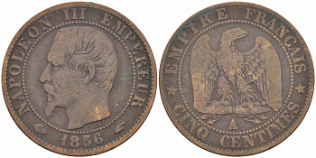Франция 5 сантимов 1856 A, Наполеон III (1852-1870) KM 777.1, Le Franc 116.30 бронза 108-436