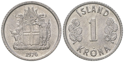 Исландия 1 крона 1976 KM 23 алюминий UNC 4615-1037