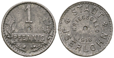 Изерлон (Пруссия, Вестфалия) 1 пфеннингов 1918 очень редкая разновидность Funck 228.6B, Men18 15462.10, Men18 15462.11 железо 1515-414