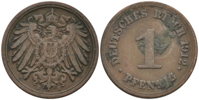 Германия 1 пфенниг 1912 E KM 10, J. 10 медь 4576-247