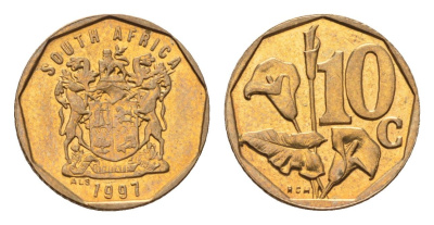 ЮАР 10 центов 1997 герб, цветок алоэ KM 161 сталь плакированная бронзой UNC 4694-736