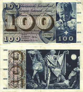 Швейцария 100 франков 1965 23 декабря 1965, серия 51 V, подпись 41 Pick 49 h бумага 8606-22-2-2