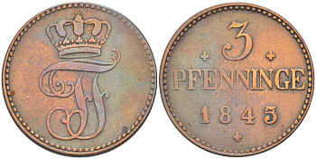 Мекленбург-Шверин 3 пфеннига 1845 Фридрих Франц II (1842-1883) Jaeger 48, AKS 47, KM 299 (С101) медь 4448-1246