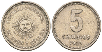 Аргентина 5 сентаво 1993 майское солнце, узкие буквы KM 109a1, CJ 2, Schon 109a медно-никель 4609-1235