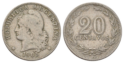 Аргентина 20 сентаво 1905 KM 36 медно-никель 4603-246