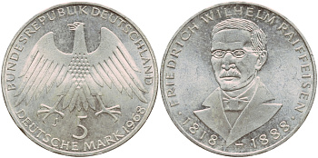 ФРГ 5 марок 1968 J, 150 лет со дня рождения Фридриха Вильгельма Райффайзена J. 396, KM 121 серебро aUNC 1529-142